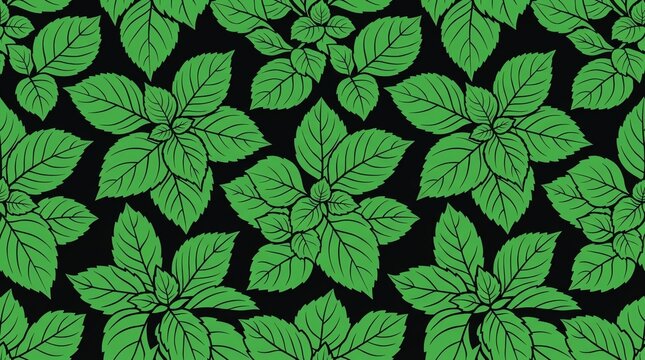 Green mint leaves seamless pattern on black background