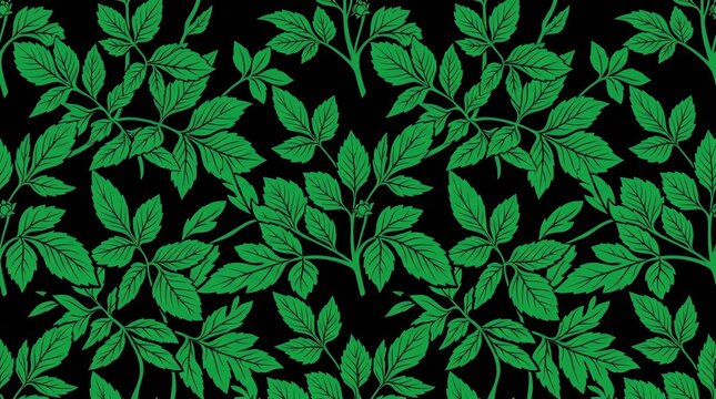 Seamless green leaves pattern on black background