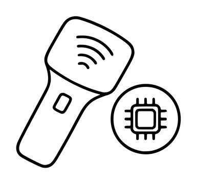 Handheld microchip scanner vector icon illustration for electronic identification and tracking technology, featuring a digital reader device with signal waves and a processor chip symbol.