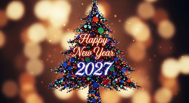 Happy new year 2027 greeting card with a colorful christmas tree made of glowing lights on a blurred bokeh background