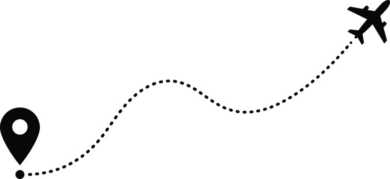 Airplane flight path with dotted line route and location pin icon indicating travel journey airplane location destination isolated aviation