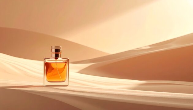 Perfume bottle standing on desert dunes creating scent stacking