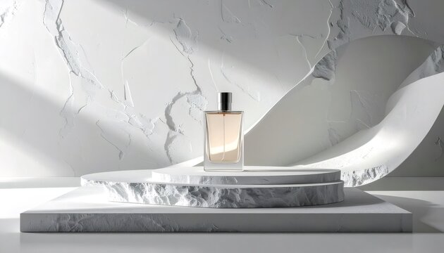 Perfume bottle displaying scent stacking concept on podium