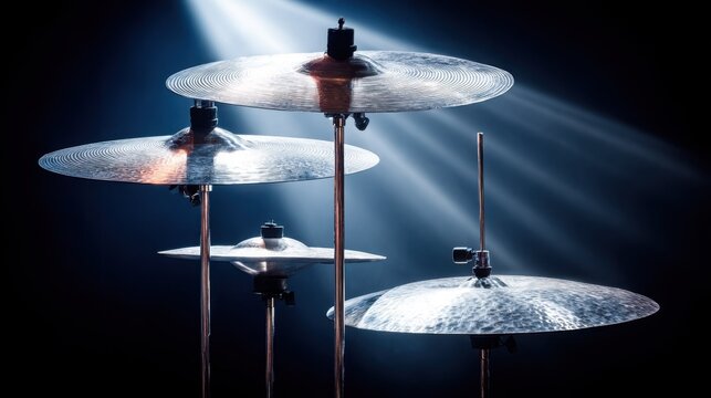 Polished Steel Cymbals Suspended on Stands Under Dramatic Stage Lighting