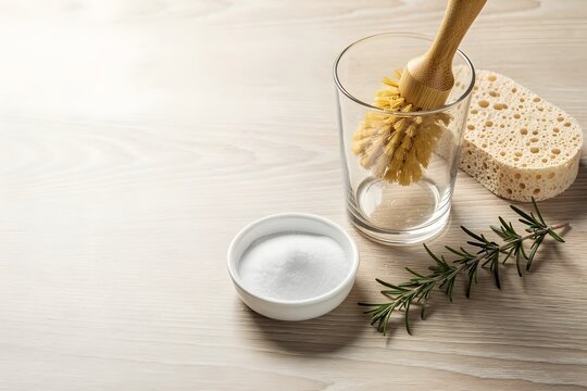 Natural Eco Friendly Cleaning Supplies on Wooden Table