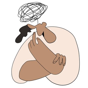 Man overthinking, mental health, emotional state, white background, doodle illustration 