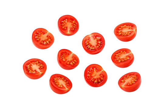 Fresh red tomato halves arranged on a clean white background, showing juicy pulp, seeds, and natural cut surfaces for food, cooking, and healthy eating concepts.