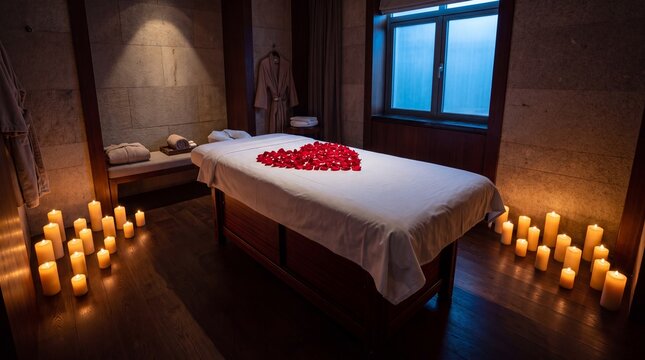 Wide shot of a luxury spa treatment room with massage bed, rose petal heart, and floor candles.