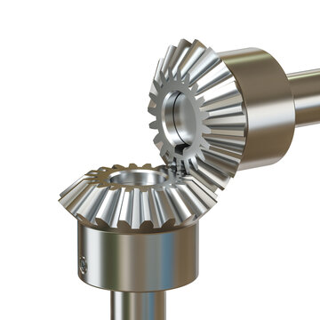 3d Two interlocking metal bevel gears rotating