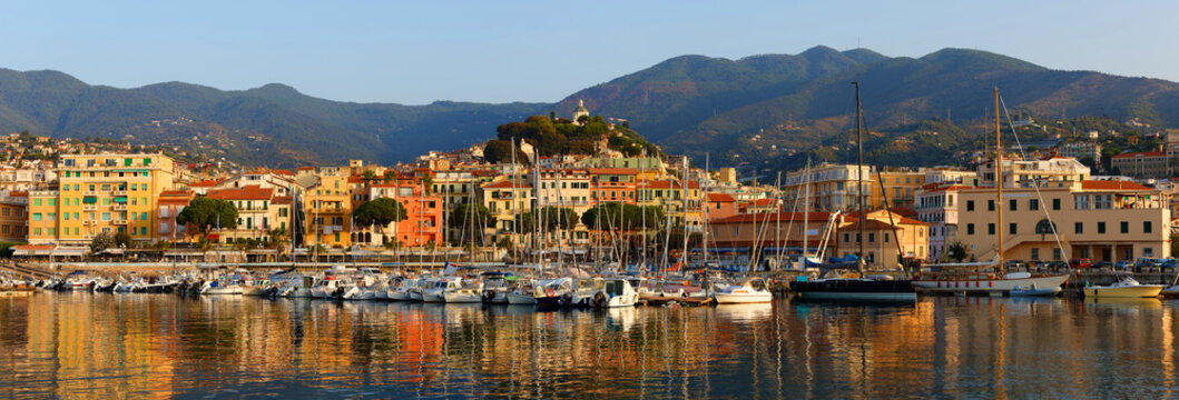 Panoramic view of Sanremo at sunrise. Italy.