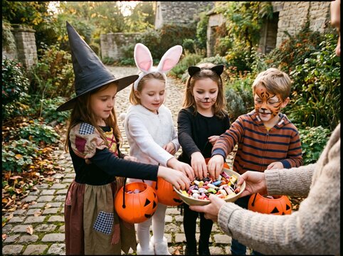 Happy children in festive Halloween costumes, like a witch, bunny, cat, and tiger, eagerly collecting colorful candy from a bowl during trick-or-treating on a charming autumn street