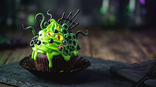 Halloween monster cupcake with green slime frosting and candy eyes