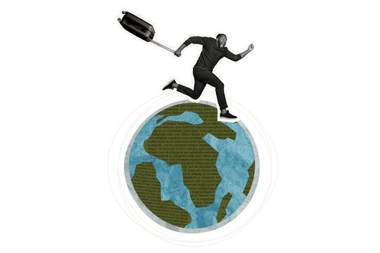 Composite artwork collage image picture of guy run suitcase mini world globe isolated on creative background