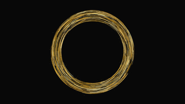Abstract golden circular ring shape made of textured lines on a solid black background, for overlays and digital