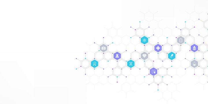 Medical background and healthcare technology with flat icons and symbols. Concept and idea for health care business, innovation medicine, health safety, science, medical research, and development.