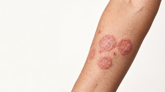 Multiple red scaly plaques on a human leg, nummular eczema or ringworm fungal infection, dermatological condition.