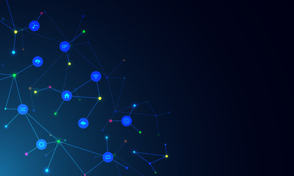 Technology background with flat icons and symbols. Concept and idea for internet of things, communication, network, innovation technology, system integration. Vector illustration