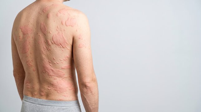 Severe acute allergic reaction showing large raised itchy hives urticaria wheals on male back