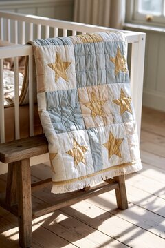 Soft quilt with star patterns draped over a wooden crib in a bright nursery with natural light and wooden flooring