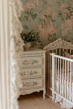 Elegant nursery with floral wallpaper, vintage crib, and decorative dresser featuring pastel colors and soft textures in a cozy baby room