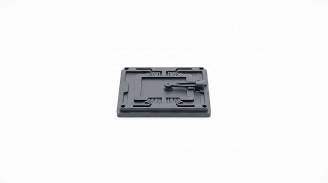 Black plastic electronic housing component featuring intricate internal grooves and a small pivoting lever isolated against a clean white background