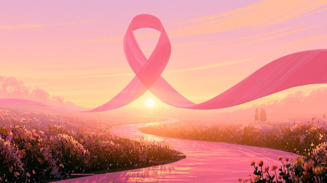 Breast cancer awareness pink ribbon floating over a serene sunset landscape with a winding path through flowers for medical support and hope