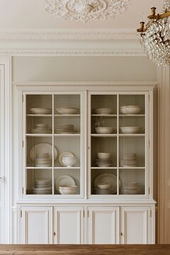Parisian dining room sideboard with white glass-front cabinet displaying porcelain plates and bowls, ornate ceiling rosette and chandelier above