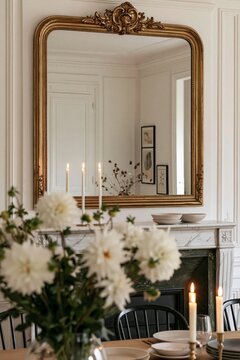 View through a softly blurred vase of dahlias, highlighting a gilt Rococo mirror above a marble fireplace in an elegant Parisian dining room