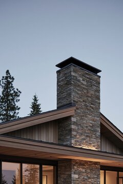 Black metal chimney cap atop a stacked stone chimney of a Mountain Modern house with cedar roofline and darkening sky at blue hour