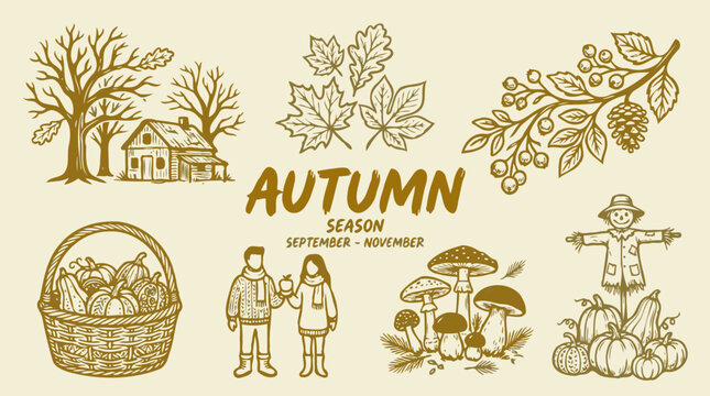 Cozy autumn season leaves and mushroom harvest line art illustration banner