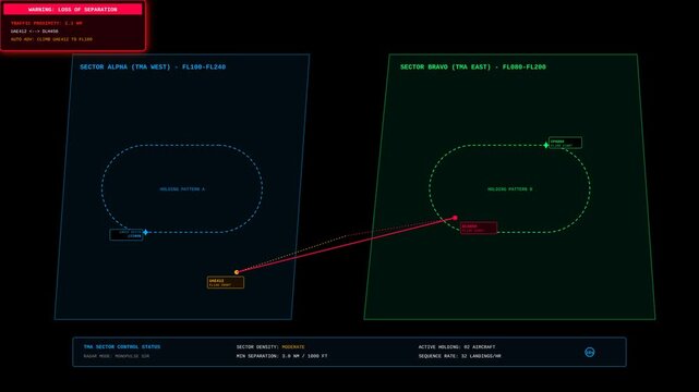 Digital Radar Air Traffic Control Display Showing Aircraft Holding Patterns and Separation Alert