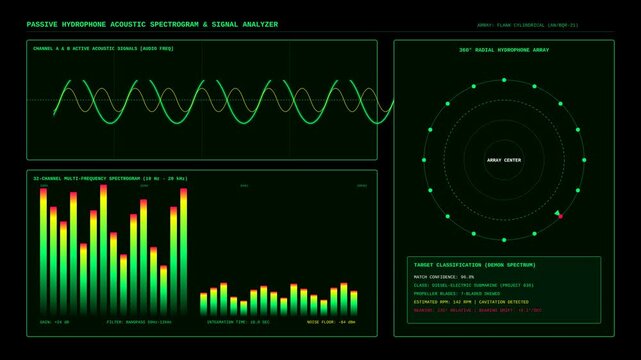 Digital Passive Hydrophone Acoustic Spectrogram Interface Showing Underwater Submarine Tracking