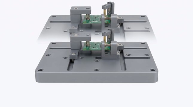 Precision electronic testing jig holding a small green circuit board firmly in place for automated industrial manufacturing and quality control