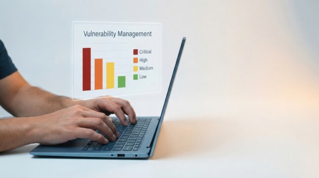 Hands on Laptop with Vulnerability Management Severity Chart Overlay