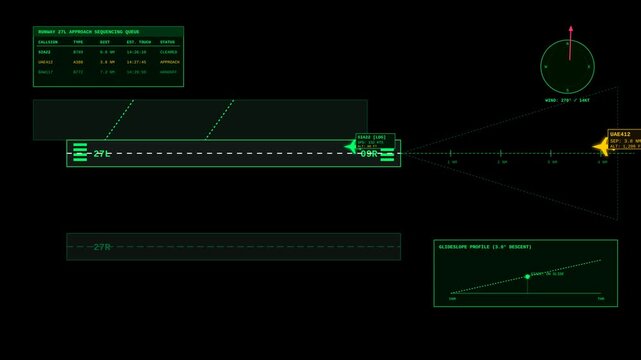 Futuristic Aviation Control Interface Showing Digital Airplane Approach Pattern and Landing Data