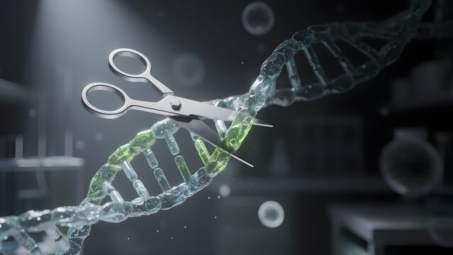 Scissors Cutting DNA Strand in Futuristic Laboratory