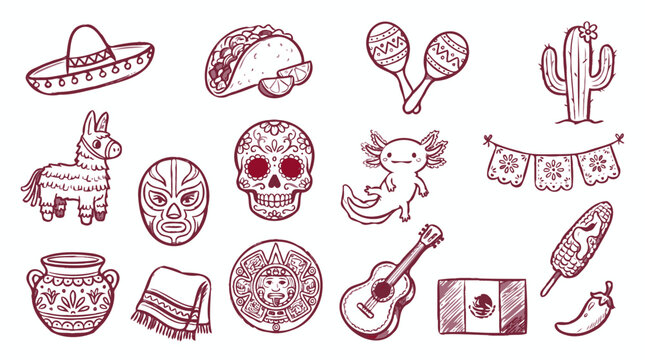 Mexican cultural symbols and cute axolotl doodle icon set