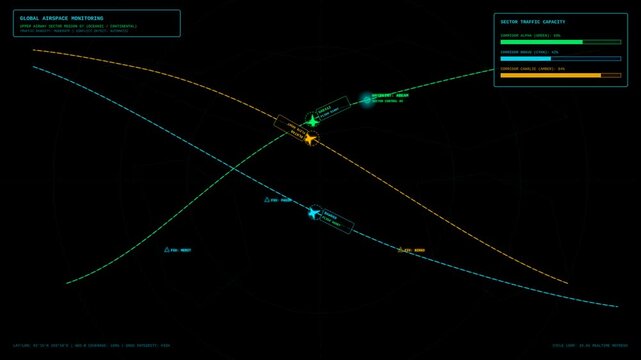 Futuristic Digital Air Traffic Control Radar Interface Display with Moving Flight Paths and Aircraft