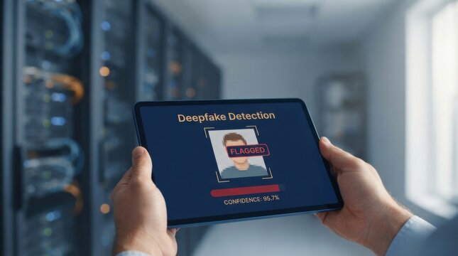 Hands Holding Tablet with Deepfake Detection Flagged Face Alert