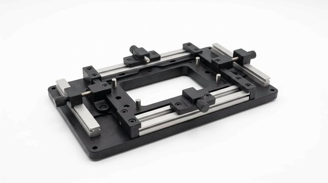 Precision metal industrial clamping fixture used for securing components during complex assembly processes in a modern high technology manufacturing facility setting