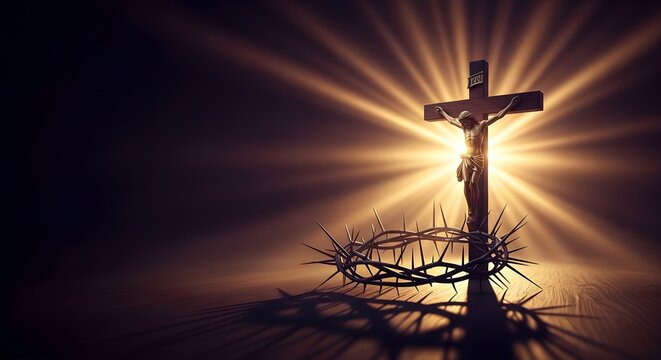 Jesus Christ Crucifix with Crown of Thorns in Radiant Divine Light, Christian Good Friday Symbol of Crucifixion, Sacrifice, Suffering, Redemption, Faith and Holy Week