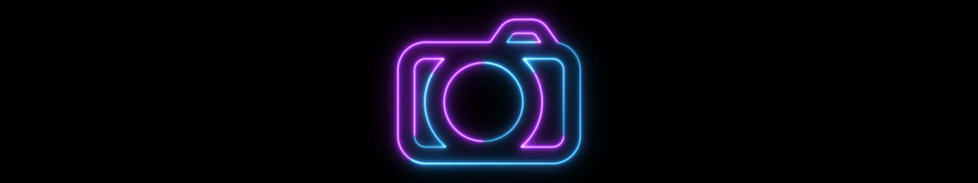 Ultrawide Neon Glowing Camera Icon Animation on Black Background &ndash; Modern Photography Symbol, Digital Photo Outline, Seamless Loop, 4K Widescreen Motion Graphics with Alpha