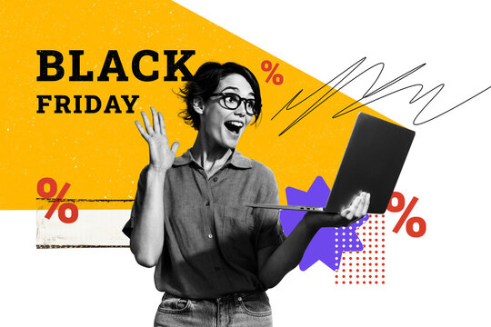 Trend artwork sketch image photo collage of sale discount offer low price black friday young lady gesture hi meeting laptop announce