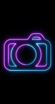 Vertical Neon Camera Icon Animation on Black Background &ndash; Glowing Photography Symbol, Digital Photo Outline, Seamless Loop, 4K Vertical with Alpha