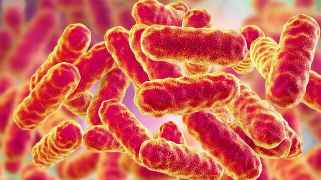 Serratia marcescens bacteria, 3D animation of red-pigmented rod-shaped bacteria in a microscopic environment.