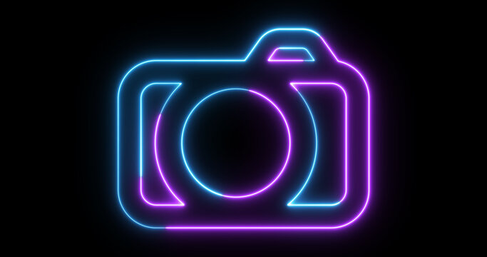 Neon Glowing Camera Icon Animation on Black Background &ndash; Modern Photography Symbol, Digital Photo Outline, Seamless Loop, 4K Motion Graphics with Alpha
