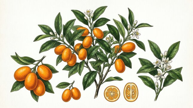 Elegant Botanical of Kumquat Tree with Bright Orange Fruits Green Leaves Delicate Flowers and Cross Sections