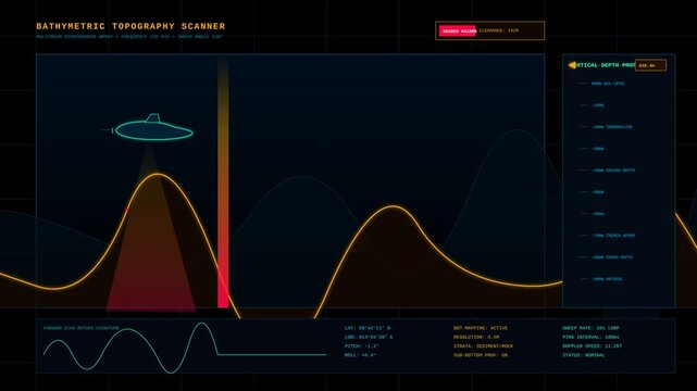 Submarine Sonar Radar Display Scanning Underwater Bathymetric Topography and Ocean Floor Terrain