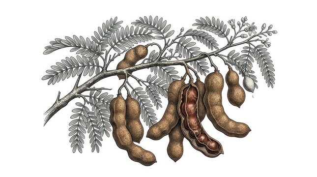 Elegant Botanical of Tagua Nut Pods with Cross Sectional View and Lush Green Leaves on Branches