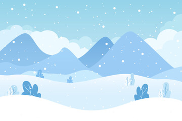 Naklejka premium Winter mountain landscape in snowy weather. A view of snow-covered mountains and trees during the cold season. Vector illustration of winter nature for Christmas design.